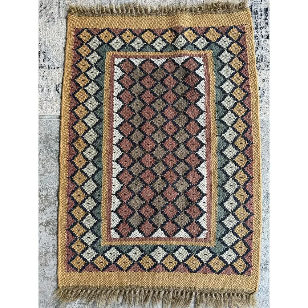 Vintage Turkish Kilim Rug Boho Aztec Rug 37x25” wool jute natural woven